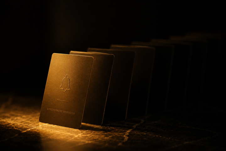 Row of appointment cards in a warm beam of light on a dark surface