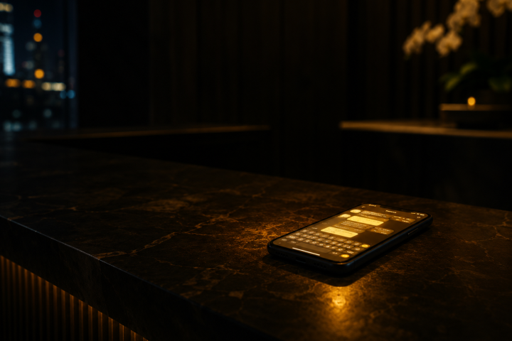 Smartphone on a dark marble counter glowing with a chat conversation