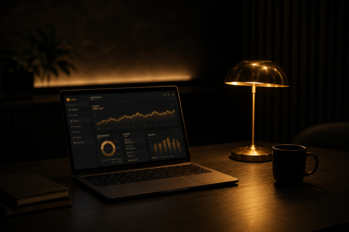 Laptop on a dark desk showing an amber analytics dashboard