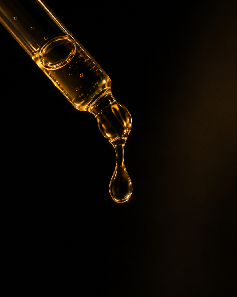 Macro of a serum dropper releasing a golden drop against black