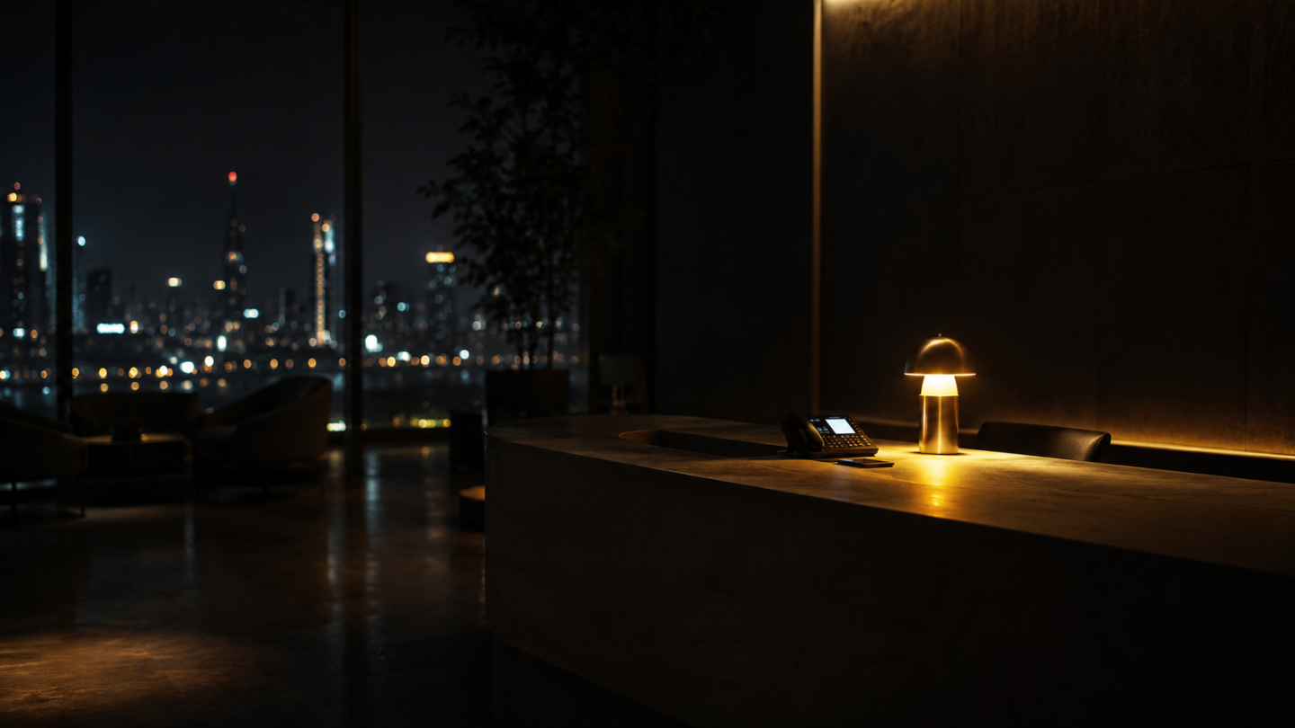 Empty luxury clinic reception at night, one lamp lit on the front desk