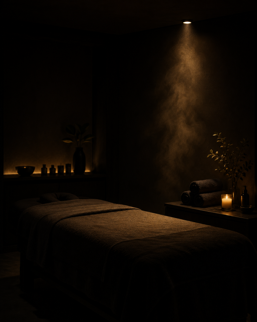 Luxury spa treatment room at night with a single candle and warm downlight