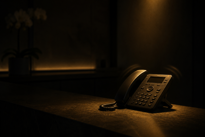 Desk telephone ringing on an empty reception desk under a warm light