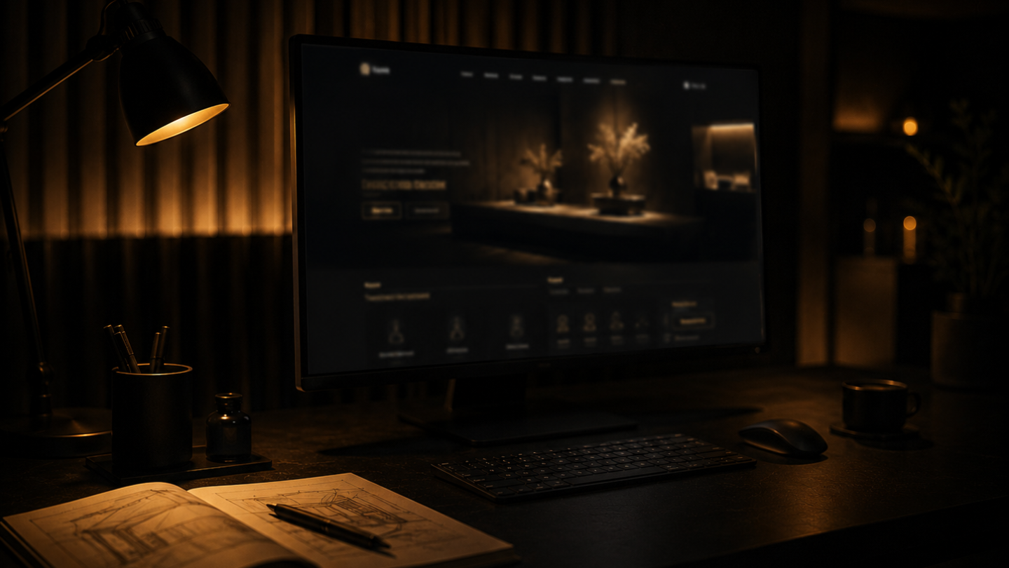 Dark studio desk with a monitor showing an elegant website design