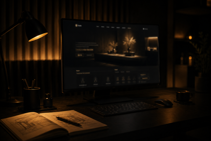 Dark studio desk with a monitor showing an elegant website design