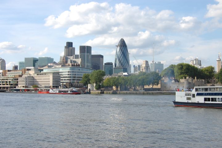 London skyline across the Thames with the Gherkin and Tower of London
