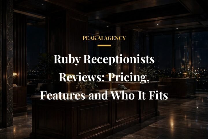 Ruby Receptionists reviews polished live receptionist team answering calls in a dark premium office with warm gold light