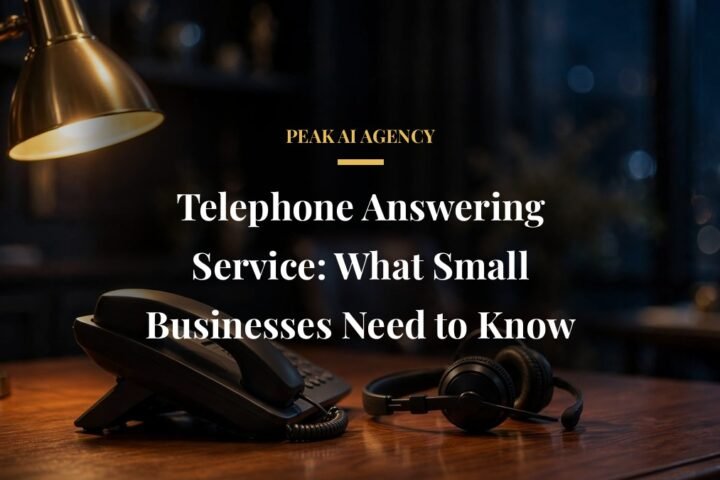 Telephone answering service desk with phone and headset for small business call answering