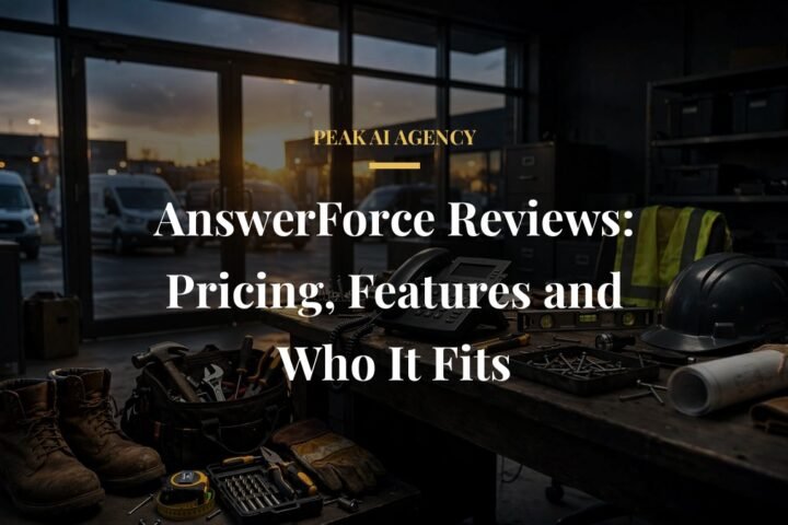AnswerForce reviews 24/7 live answering and website chat team in a dark premium office with warm gold light