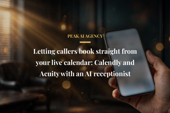 Calendly scheduling app on a phone with warm office light for AI receptionist booking