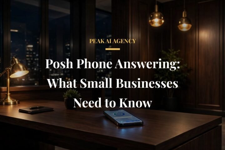 Posh phone answering live receptionist with headset and app controls in a dark premium office with warm gold light
