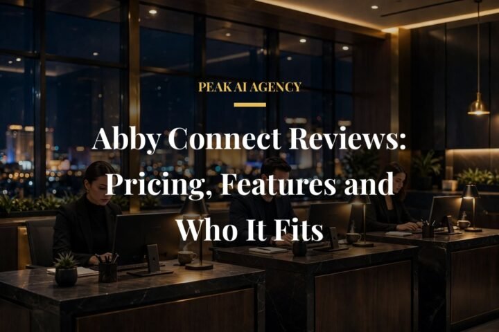 Abby Connect reviews human and AI receptionist team answering business calls in a dark premium office with warm gold light