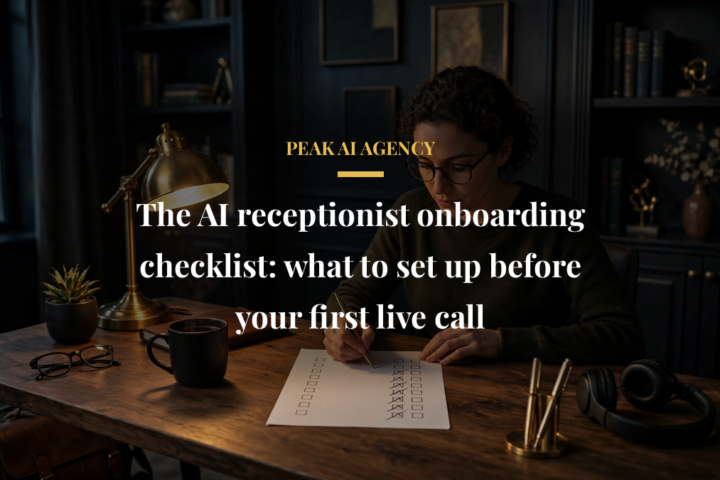 Business owner completing AI receptionist onboarding checklist at a desk