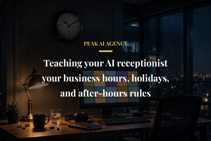 AI receptionist business hours schedule displayed on an office screen at night