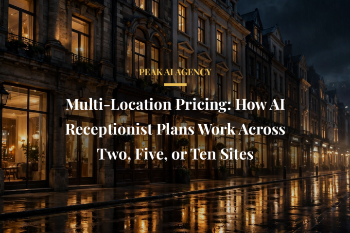 Multi-location AI receptionist pricing row of storefronts at night