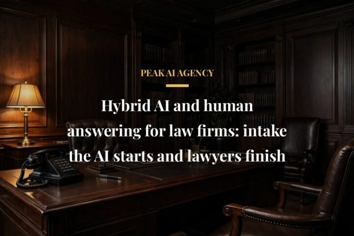 Hybrid AI and human answering for law firms, law office interior with desk phone and warm light
