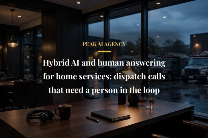 Hybrid AI and human answering for home services dispatch, dispatch office with service trucks at dusk