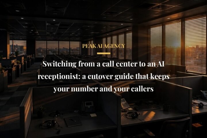 Switching from a call center to an AI receptionist, empty call center rows at sunset
