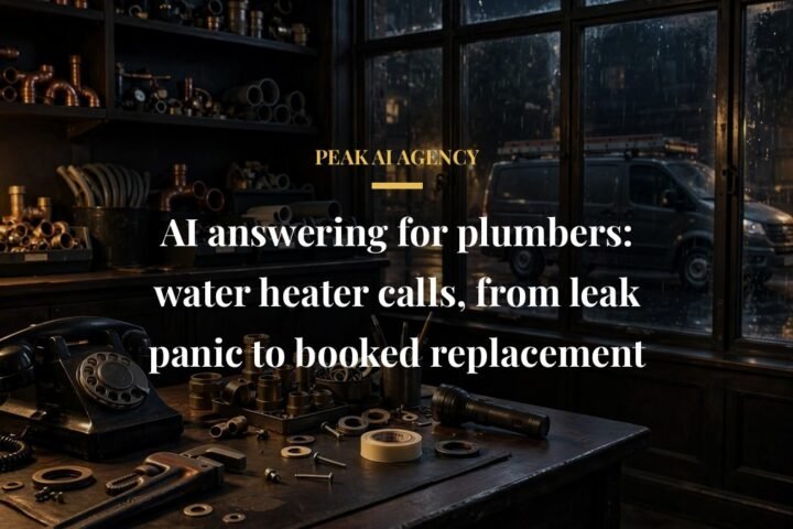 AI answering for plumbers water heater calls, plumbing workshop desk phone in warm gold light