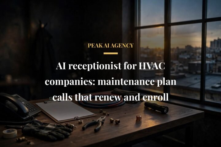 AI receptionist for HVAC maintenance plan calls, HVAC office desk at dusk with warm gold light
