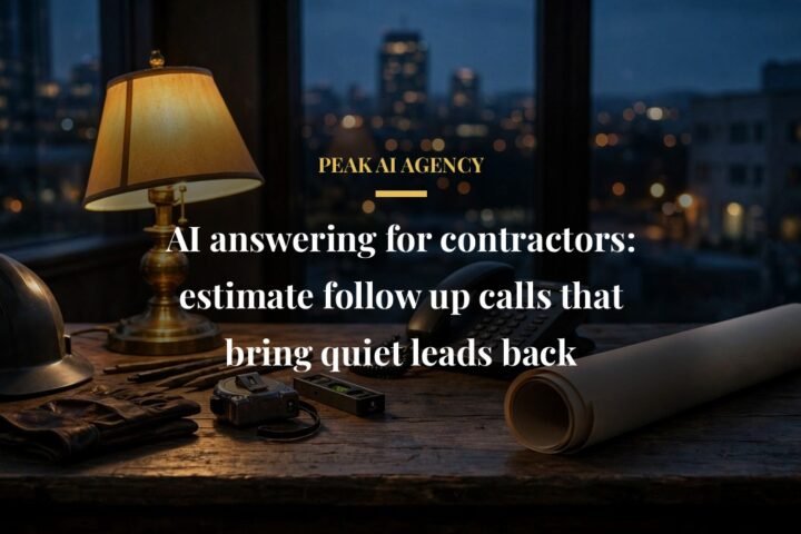 AI answering for contractors estimate follow up calls, contractor office desk with phone at dusk