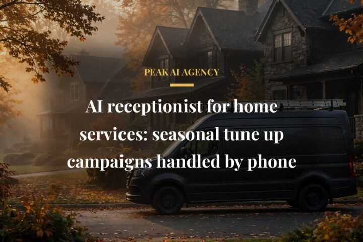 AI receptionist for home services seasonal tune up campaigns, HVAC service van by homes in autumn morning light