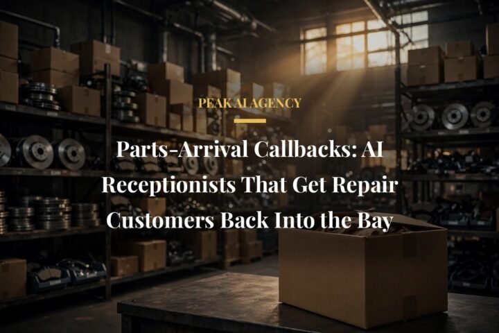 Auto parts warehouse shelves, AI receptionist parts-arrival callbacks for repair shops