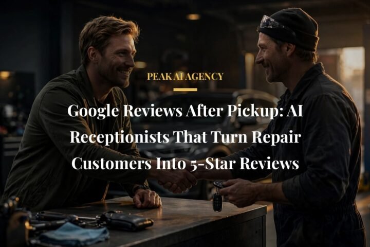 Happy customer receiving car keys at auto repair shop, AI receptionist review requests after pickup
