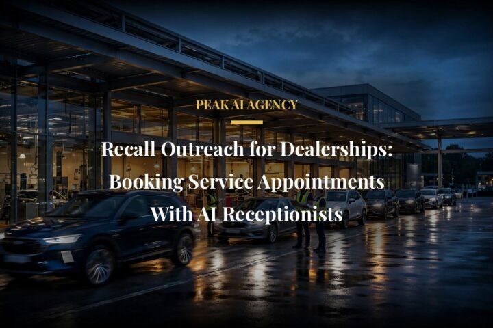 Car dealership service lane at dusk, AI receptionist recall appointment outreach