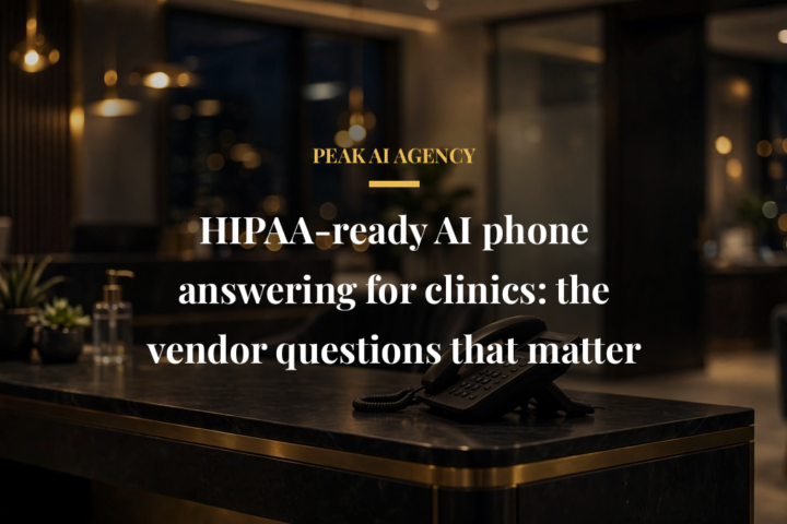 AI receptionist answering a patient call at a medical clinic front desk with warm light