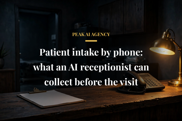 AI receptionist collecting patient intake details by phone in a clinic office