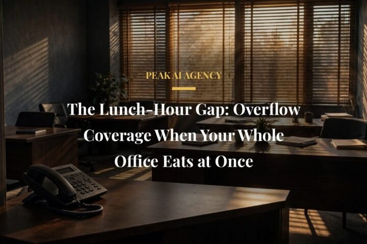 Lunch hour call overflow: empty small office at midday with an unanswered desk phone