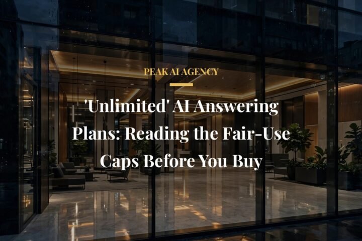 Unlimited AI answering plan fair-use caps explained over a dark office lobby at night
