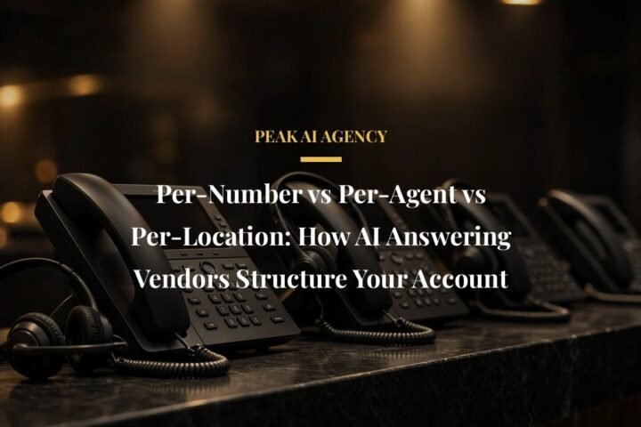 Per-number versus per-agent AI answering pricing with office desk phones in warm light