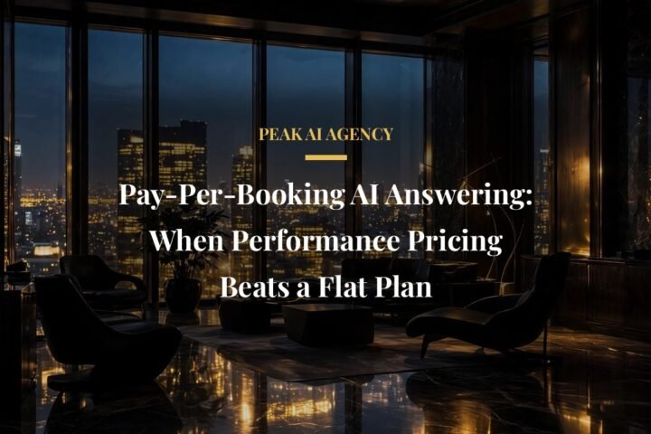 Pay-per-booking AI answering pricing with a dark luxury office at dusk