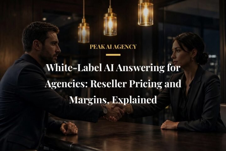 White-label AI answering reseller pricing with a business handshake in a dark office