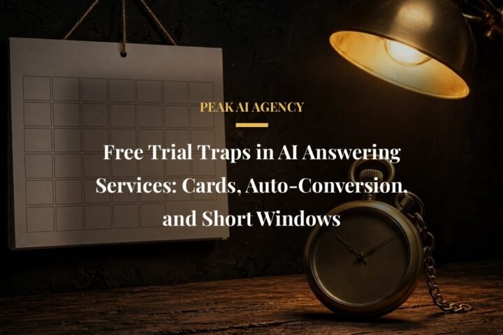 Free trial traps in AI answering services with a calendar and stopwatch on a dark desk