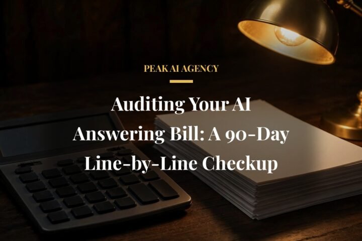 Auditing an AI answering service bill with a calculator and invoices under warm light